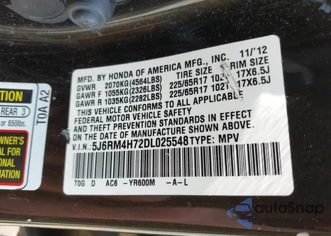 2013 Honda Cr-V Exl z USA, uszkodzony, nr VIN 5J6RM4H72DL025548